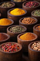 A Collection of Exotic Spices in Wooden Bowls: A Colorful Display of Aromatic Flavors and Culinary Delights.