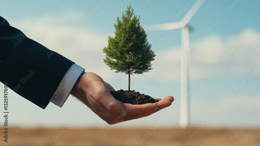 Poster a hand holds a small tree, symbolizing environmental responsibility with a wind turbine in the backg