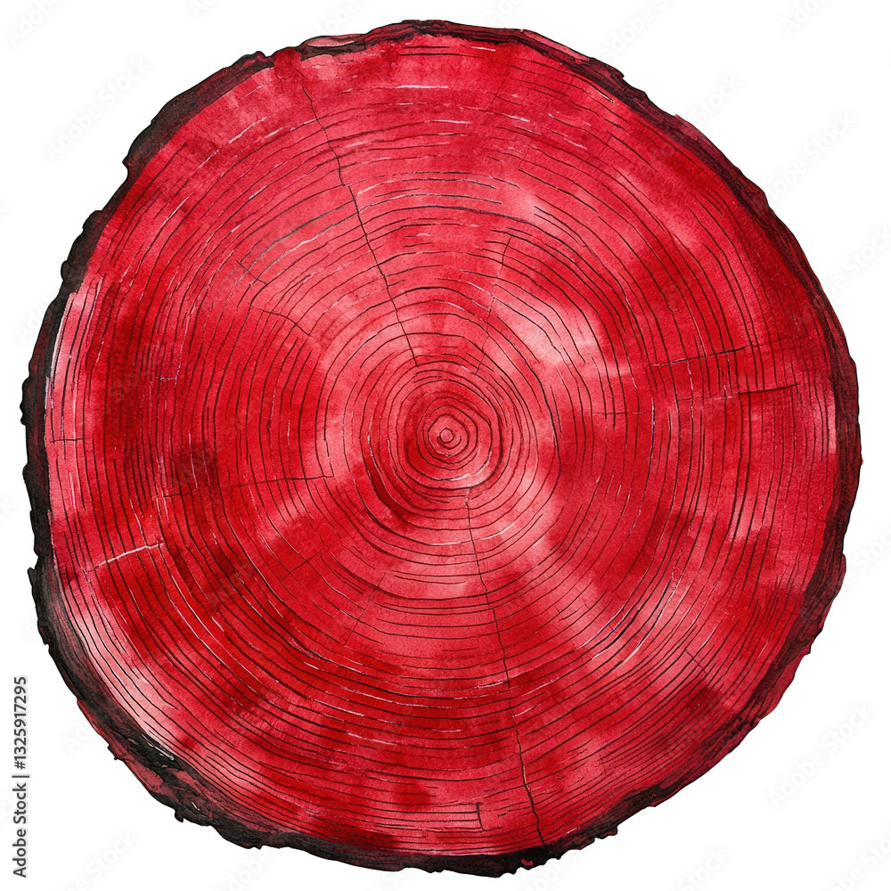 Poster cross-section of a tree trunk showcasing concentric growth rings in a vibrant red hue emphasizing th