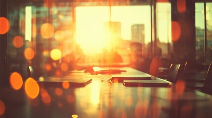Fototapeta premium Soft Focus Sunset Over Conference Room With Warm Light Reflection