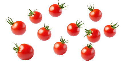 an assortment of vibrant red cherry tomatoes some floating in mid-air showcasing their fresh appearance and natural green stems ideal for culinary presentations or healthy eating themes