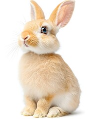 Obraz premium Cute and playful representation of a small rabbit sitting on a white surface emphasizing its fluffy texture and charm