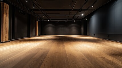Empty modern studio with dark walls and light wood floor.