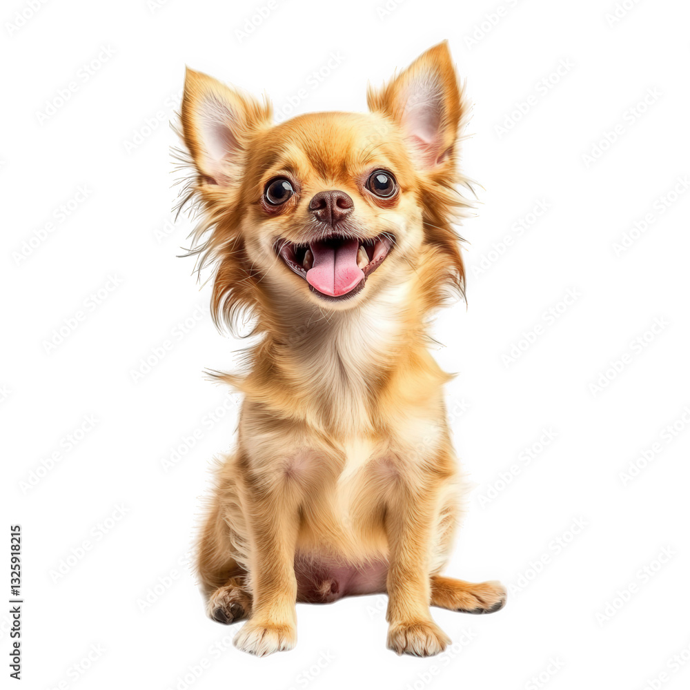 Poster a cheerful chihuahua sits against a white background showcasing its playful demeanor and fluffy fur 
