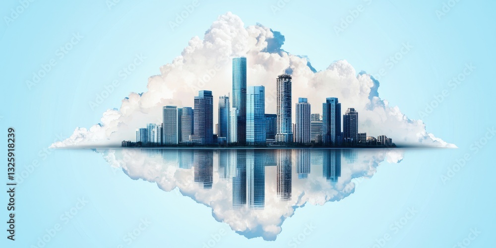 Poster a modern city skyline reflected in water, surrounded by soft clouds, showcasing a blend of architect