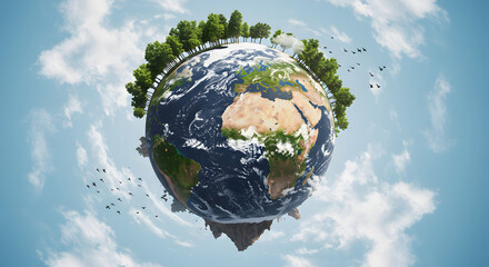 Artistic Floating Earth with Lush Greenery and Ecosystem Representation
