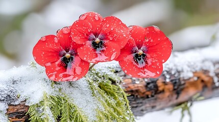 Obraz premium Vibrant Red Pansies in Winter Wonderland Snow Covered Flowers Icy Dew Drops
