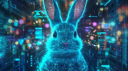 AI-generated Easter bunny avatar in a sleek metaverse setting, with digital environment and vibrant details, blending technology and tradition in a futuristic style.
