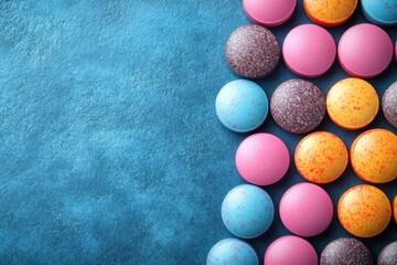Vibrant candies arranged on a textured blue surface, ideal for food, sweets, and confectionery-related projects.