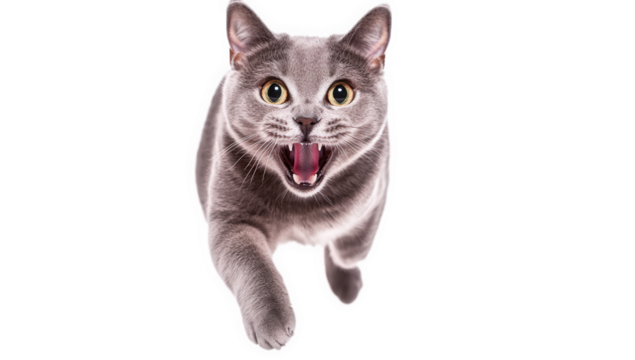a playful gray cat is captured mid-run with an open mouth as if meowing or playing set against a white background. energy and liveliness perfect for pet-related content