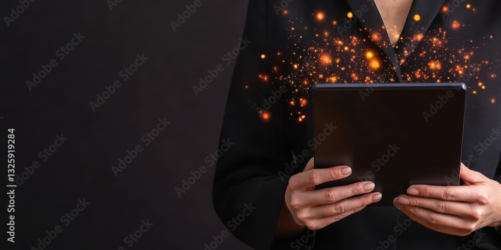 Poster A person holds a tablet with glowing particles around it, creating a sense of magic and connectivity against a dark background.