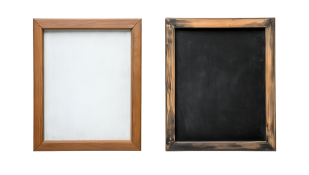 two picture frames one with a white background and the other with a black chalkboard surface suitable for displaying artwork or notes
