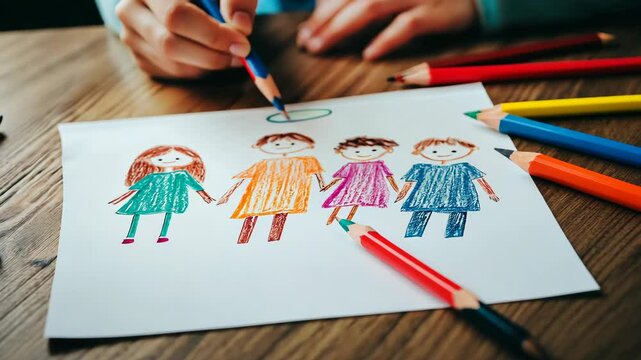 Creative hand drawing family with colored pencils on wooden table in vibrant art sequence