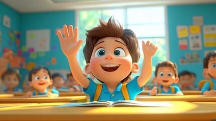3d render of a children raising hands in class room.
