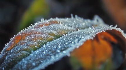 Naklejka premium Icy Leaf Closeup Glittering with Frost Crystals in Winter Season
