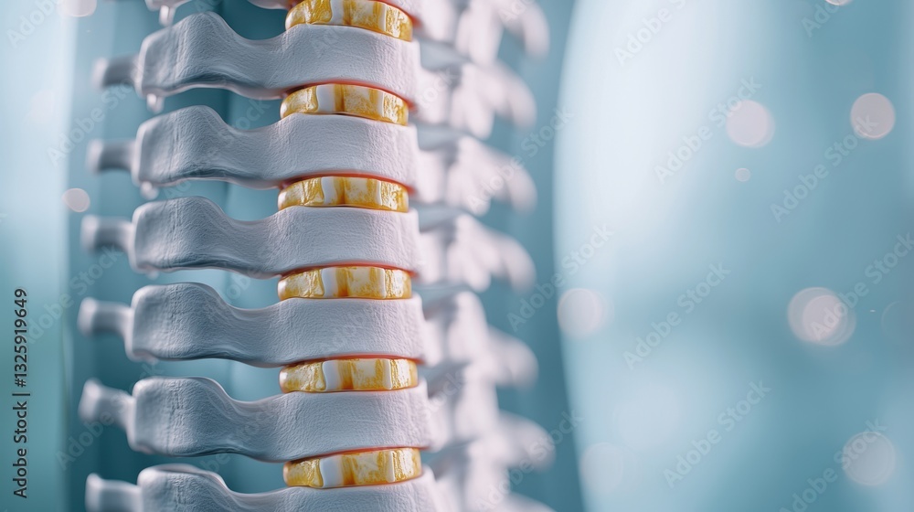 Poster a detailed view of a human spine with intervertebral discs, showcasing the structure and function of