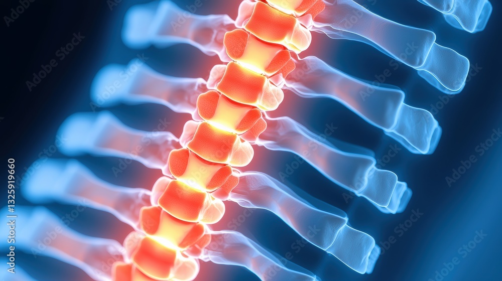 Poster an illuminated image of a human spine, highlighting vertebrae with a glowing effect, showcasing the 