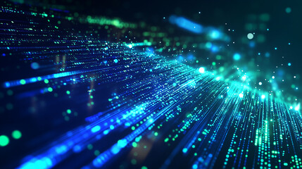 A mesmerizing digital wave of radiant blue particles moves fluidly across a dark space, symbolizing the seamless transmission of data. Perfect for technology-themed designs.