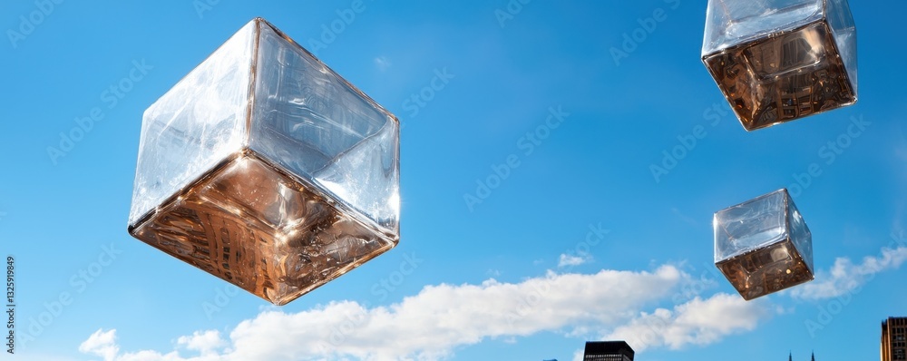 Poster Three translucent cubes float against a clear blue sky, creating a surreal and captivating visual effect.