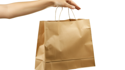 Woman hand holding brown paper bag with transparent background