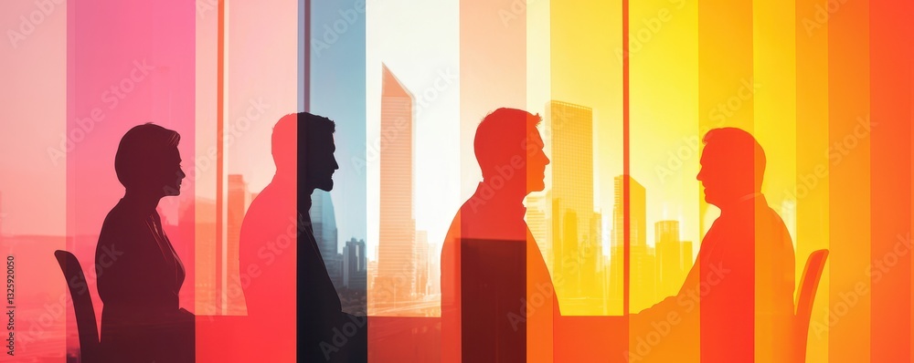Poster a vibrant silhouette of individuals in conversation against a colorful backdrop, symbolizing communi