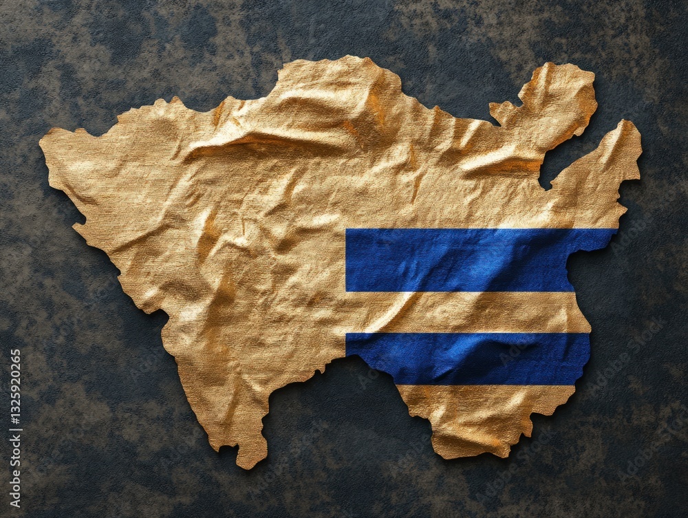 Poster golden textured map with blue stripes on a textured dark background. artistic representation of geog