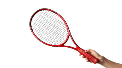 Woman hand holding red tennis racket on transparent background
