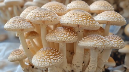 Obraz premium Cluster of brown and white mushrooms with textured caps in natural light