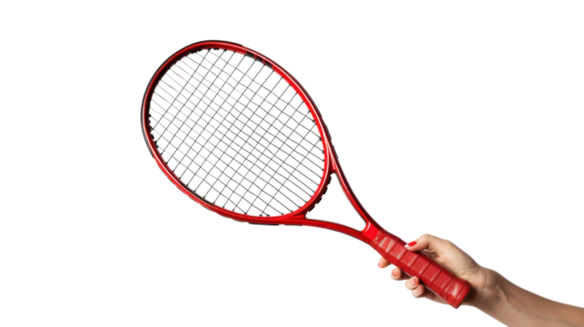 Woman hand holding red tennis racket on transparent background