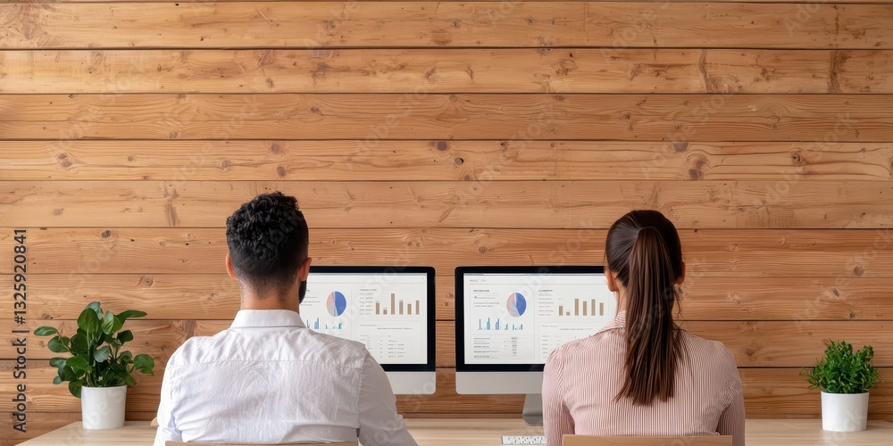 Poster a modern workspace featuring two individuals focused on computer screens, surrounded by a wooden wal