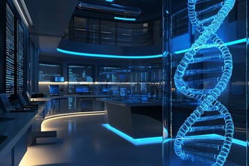 A futuristic genetic engineering lab featuring luminous DNA strands and advanced equipment highlights innovation and scientific discovery.