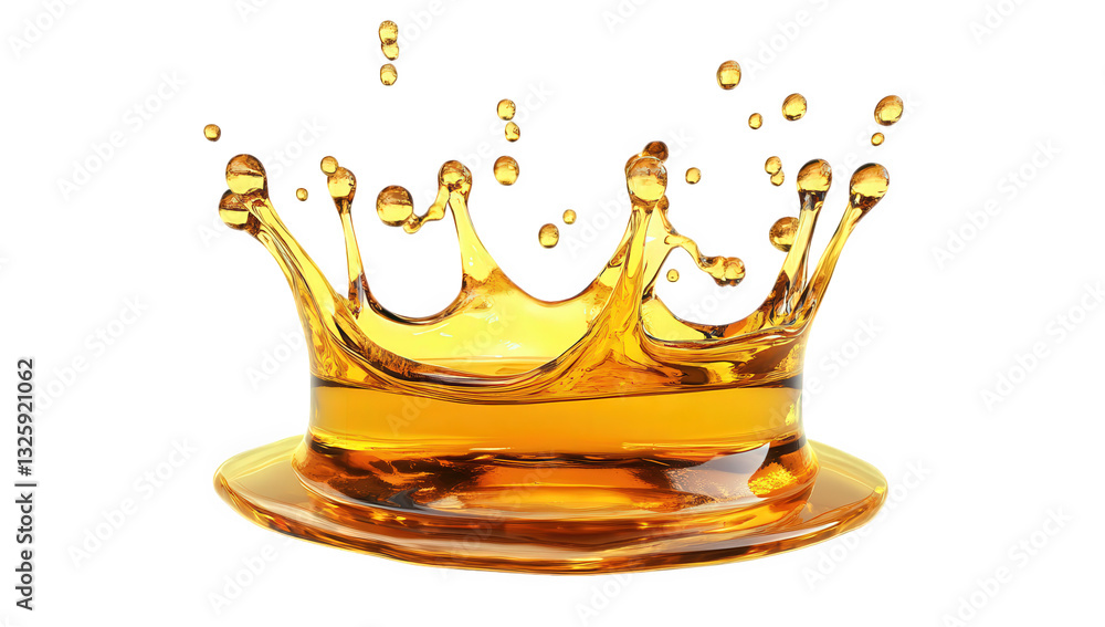 Poster a splash of amber liquid forming a crown shape capturing the dynamic motion of water or a similar fl