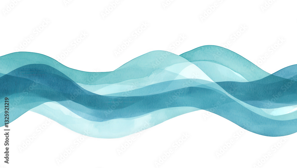 Poster series of flowing translucent waves in various shades of blue creating a calming and serene visual e