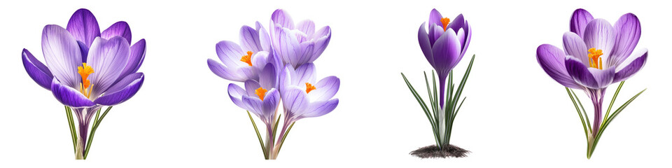 Naklejka premium Crocus flower isolated on transparent background, PNG, Set of