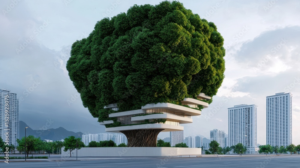 Poster a modern architectural design resembling a large tree, integrating nature with urban living amidst a