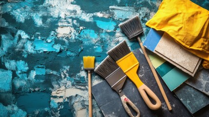 Colorful Paint Tools and Materials on Textured Surface for DIY Projects