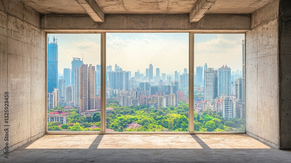 Poster empty room in unfinished building with panoramic city view through large window.