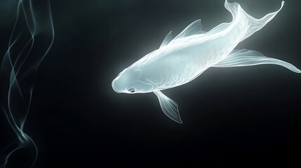 Glowing ethereal koi fish swims in dark water with smoky wisps.