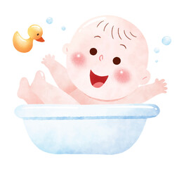A delightful watercolor-style digital illustration of a happy baby enjoying bath time in a small tub