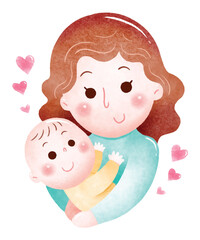 A heartwarming watercolor-style digital illustration of a mother embracing her baby with love and care