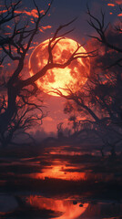 Twilight's Embrace: Red Moon Over a Dark Wetland - Made with Generative AI