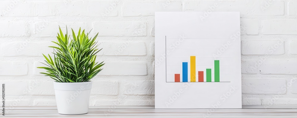Poster A modern workspace featuring a potted plant and a colorful bar graph on a white background, creating a fresh and productive atmosphere.