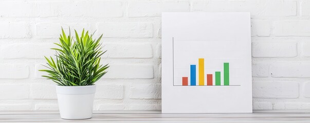 A modern workspace featuring a potted plant and a colorful bar graph on a white background, creating a fresh and productive atmosphere.
