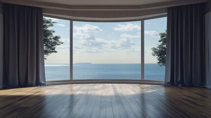 Fototapeta premium Empty room with bay window offering ocean view.