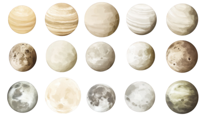 illustrated celestial bodies resembling various moons and planets showcasing different textures and colors likely for educational or artistic purposes