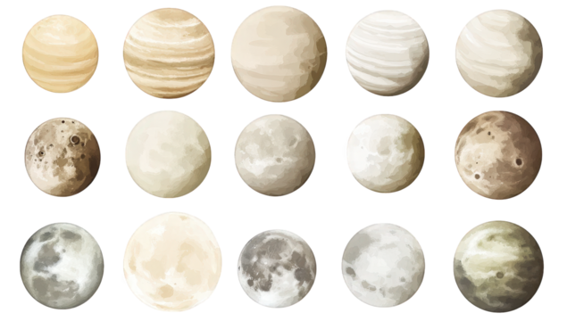 illustrated celestial bodies resembling various moons and planets showcasing different textures and colors likely for educational or artistic purposes
