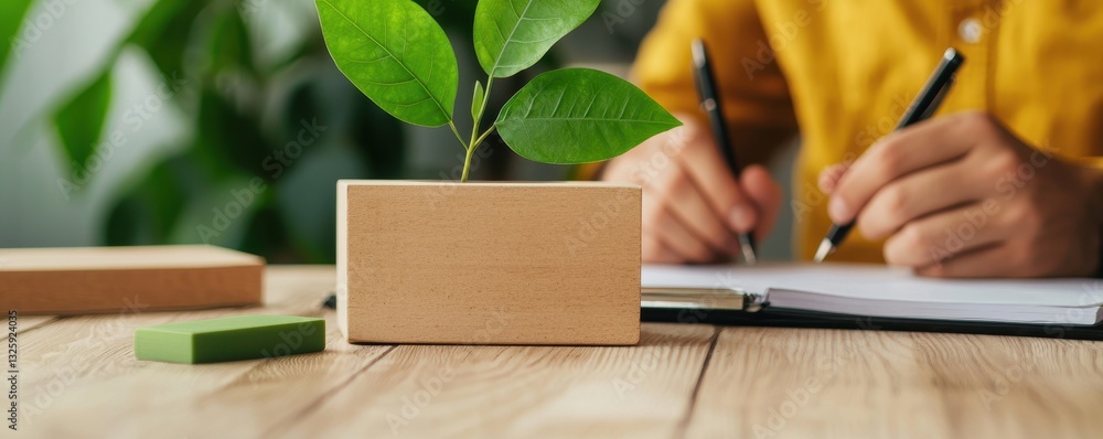 Poster A person writes in a notebook beside a small potted plant, creating a harmonious workspace that blends nature with productivity.