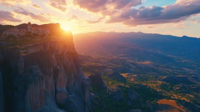Breathtaking sunset over cliffs and valleys in Meteora, Greece highlighting natural beauty and historical architecture