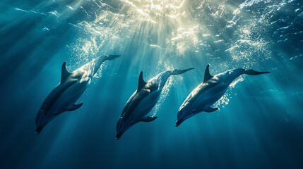 Fototapeta premium Three dolphins swimming in the blue ocean, photographed from above. Sunlight filters through the water, creating a stunning natural scene. This is a real photograph, not a digital manipulation.