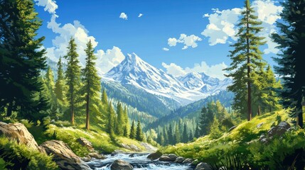 Sunny Alpine Valley with Snowy Peaks